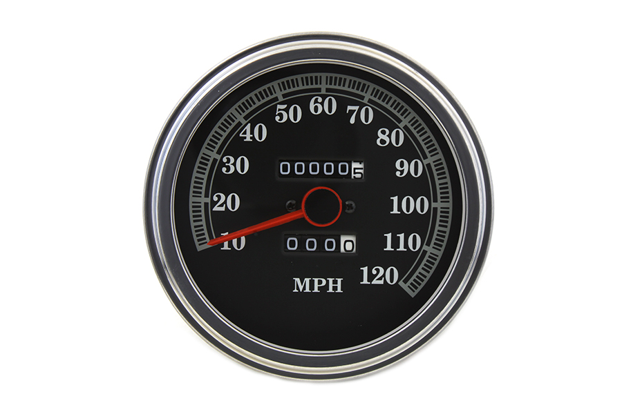 Speedometer has a ratio of 2240:60 and features black background with white numbers reading 10-120 mph.
