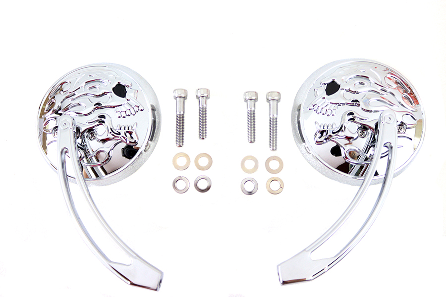Round Skull and Flame Mirror Set with Curved Stems Chrome