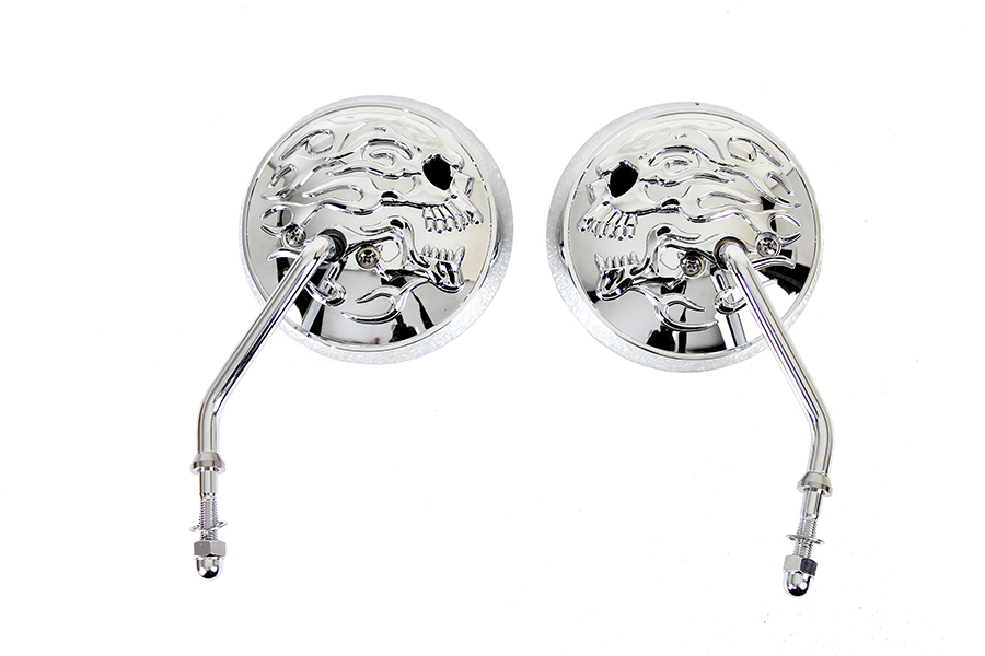 Round Skull and Flame Mirror Set with One Piece Stems Chrome
