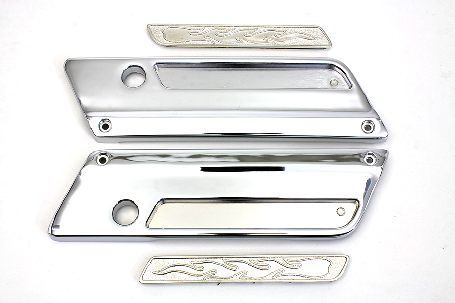 VTwin Chrome Saddlebag Hinge Covers & Flame insert 1993-2013 Harley Touring FLT